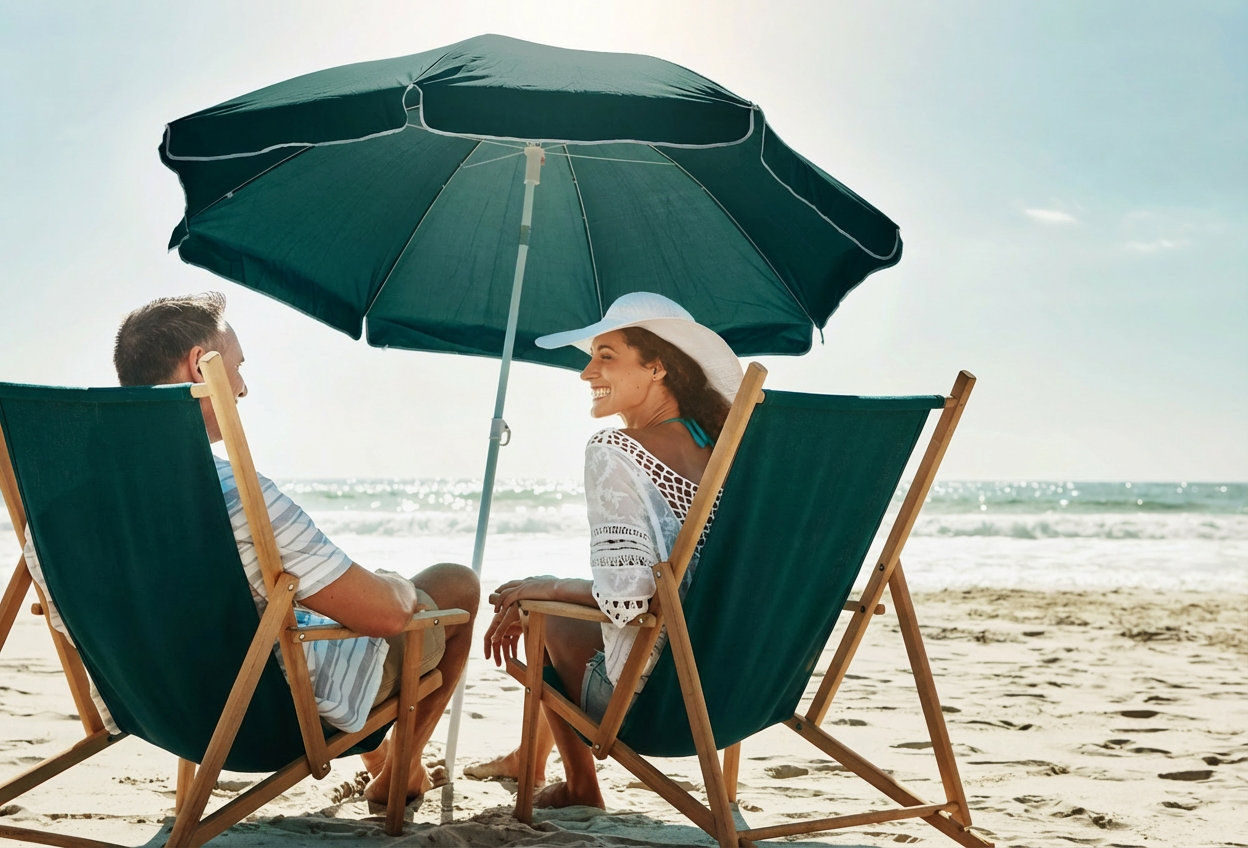 Folly Beach chair rentals for two with umbrella, comfortable beach setup perfect for couples, friends, or a small group beach day in Charleston