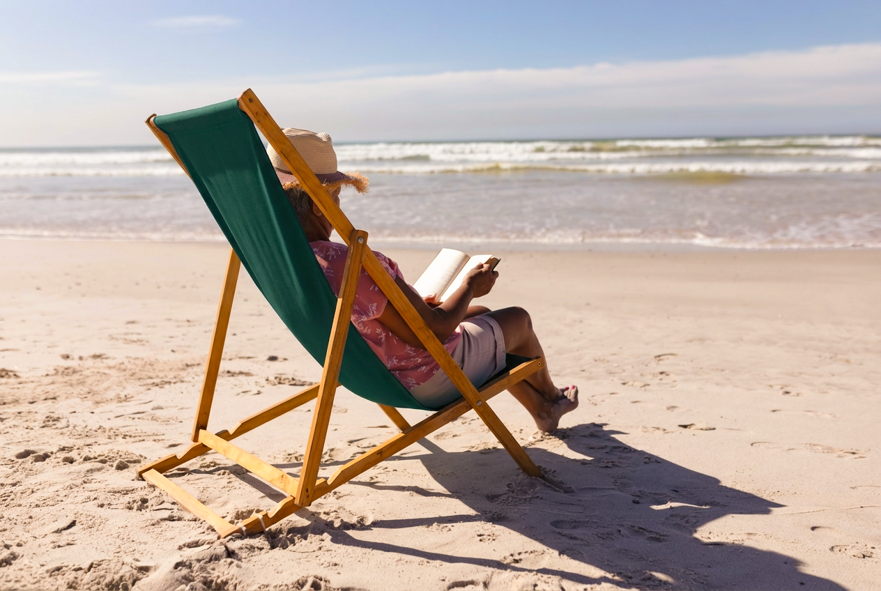 Folly Beach chair rental setup for one person, beach chair with leg rest and shade perfect for a relaxing solo beach day near Charleston